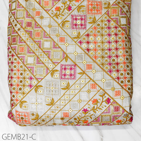 Beige Indian Embroidered Fabric by the yard Sewing Crafting Black Geometric Embroidery Wedding Dress Costumes Waistcoat Bags Cushion Covers