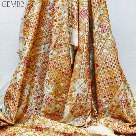 Beige Indian Embroidered Fabric by the yard Sewing Crafting Black Geometric Embroidery Wedding Dress Costumes Waistcoat Bags Cushion Covers