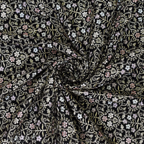 Indian Black Embroidered Fabric by the yard Sewing DIY Crafting Wedding Dress Embroidery Costumes Curtains Cushions Table Runners Blouses