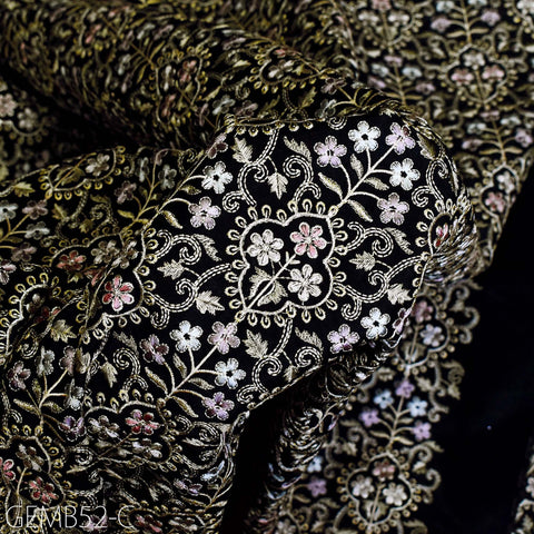 Indian Black Embroidered Fabric by the yard Sewing DIY Crafting Wedding Dress Embroidery Costumes Curtains Cushions Table Runners Blouses