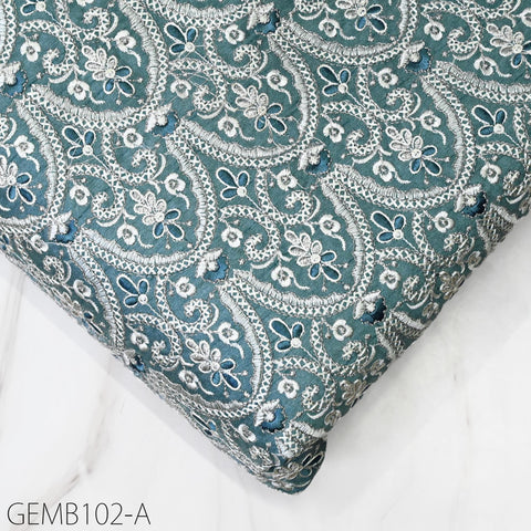 Embroidered Fabric by the yard Sewing DIY Crafting Steel Blue Indian Embroidery Wedding Dresses Costumes Dolls Bags Cushion Covers Blouses