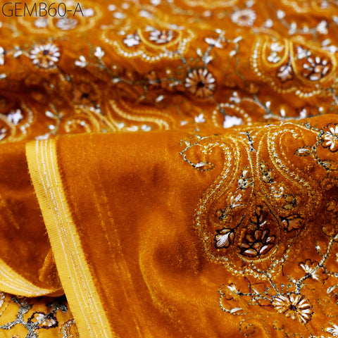 Mustard Indian Embroidered Velvet Fabric by the yard Dresses Making Sewing DIY Crafting Wedding Costumes Blazers Bags Table Runner Quilting