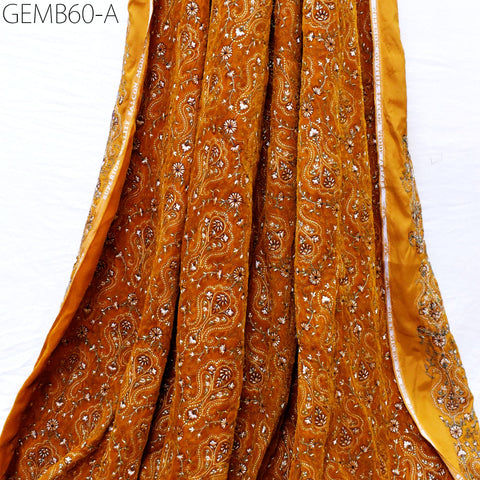 Mustard Indian Embroidered Velvet Fabric by the yard Dresses Making Sewing DIY Crafting Wedding Costumes Blazers Bags Table Runner Quilting