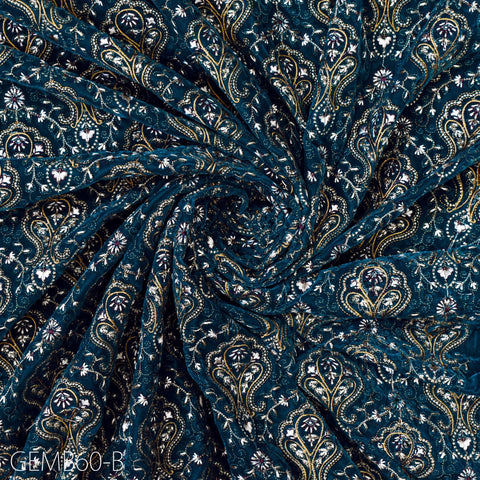 Teal Blue Embroidered Velvet Fabric by the yard Indian Embroidery Wedding Dresses Making Sewing DIY Crafting Costumes Blazers Bags Quilting