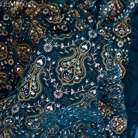 Teal Blue Embroidered Velvet Fabric by the yard Indian Embroidery Wedding Dresses Making Sewing DIY Crafting Costumes Blazers Bags Quilting