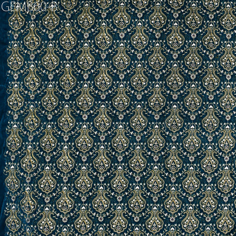 Teal Blue Embroidered Velvet Fabric by the yard Indian Embroidery Wedding Dresses Making Sewing DIY Crafting Costumes Blazers Bags Quilting