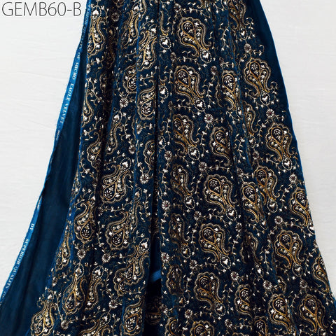 Teal Blue Embroidered Velvet Fabric by the yard Indian Embroidery Wedding Dresses Making Sewing DIY Crafting Costumes Blazers Bags Quilting