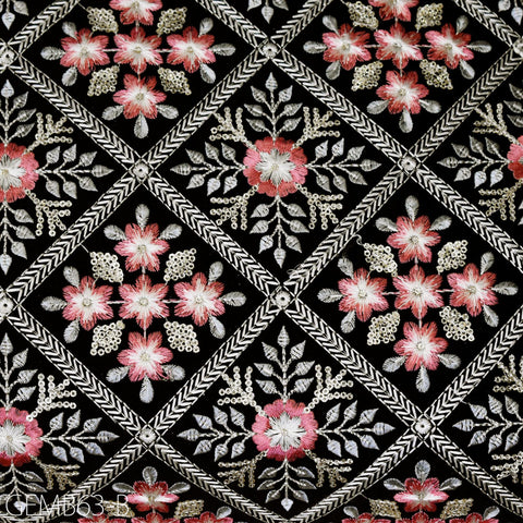 Black Embroidered Fabric by the yard Sewing DIY Crafting Indian Embroidery Wedding Dress Costumes Dolls Bags Cushion Covers Table Runners