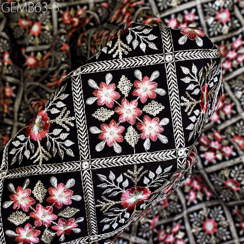 Black Embroidered Fabric by the yard Sewing DIY Crafting Indian Embroidery Wedding Dress Costumes Dolls Bags Cushion Covers Table Runners