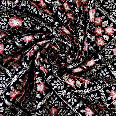 Black Embroidered Fabric by the yard Sewing DIY Crafting Indian Embroidery Wedding Dress Costumes Dolls Bags Cushion Covers Table Runners