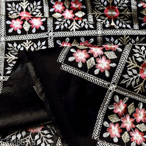 Black Embroidered Fabric by the yard Sewing DIY Crafting Indian Embroidery Wedding Dress Costumes Dolls Bags Cushion Covers Table Runners