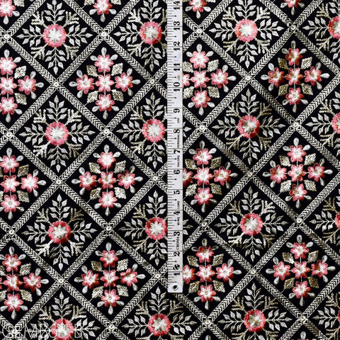 Black Embroidered Fabric by the yard Sewing DIY Crafting Indian Embroidery Wedding Dress Costumes Dolls Bags Cushion Covers Table Runners
