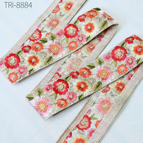 9 Yard Red Embroidery 5cm Ribbon Indian Sari Border Embroidered Crafting Sewing Costumes, Dog Collar, Tote Bags, Lampshades, Holidays Decor