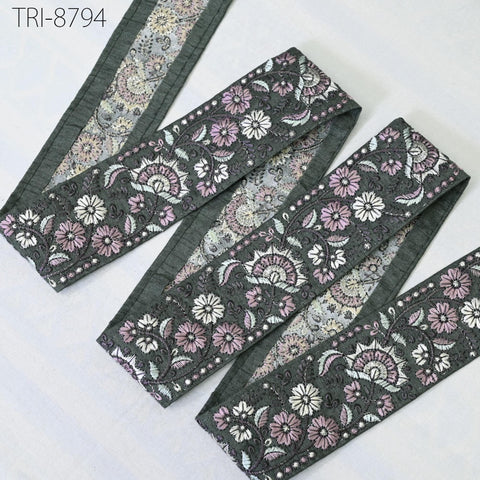 9 Yard Grey 48mm Embroidery Ribbons Floral Indian Sari Border Embroidered Crafting Sewing Costumes Tablecloth Lampshade Home Decor Trimming