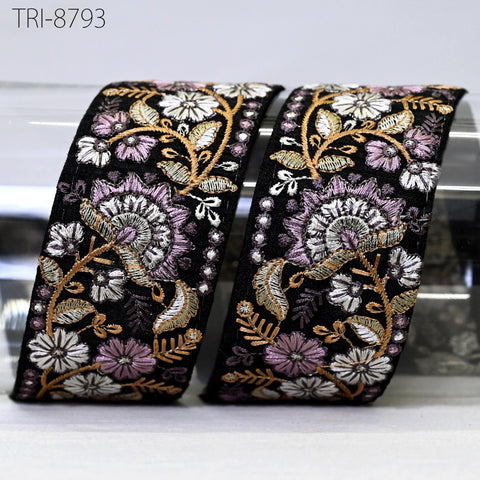 9 Yard Black 48mm Indian Embroidery Border Floral Embroidered Fabric Trims Saree Ribbons Crafting Sewing Wedding Embellishment Gift Wrapping