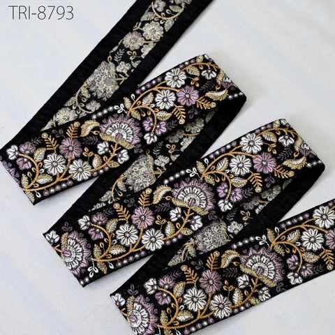 9 Yard Black 48mm Indian Embroidery Border Floral Embroidered Fabric Trims Saree Ribbons Crafting Sewing Wedding Embellishment Gift Wrapping