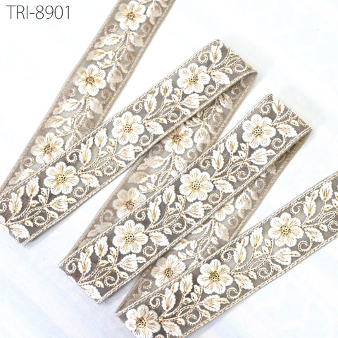 9 Yard 4cm Grey Embroidery Ribbon Trims Embellishment Embroidered Saree Border Costumes Crafting Sewing Beach Bags Tote Pouche Wall Hangings