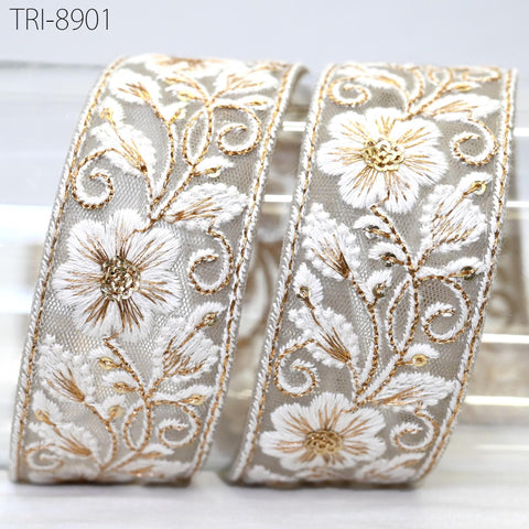 9 Yard 4cm Grey Embroidery Ribbon Trims Embellishment Embroidered Saree Border Costumes Crafting Sewing Beach Bags Tote Pouche Wall Hangings