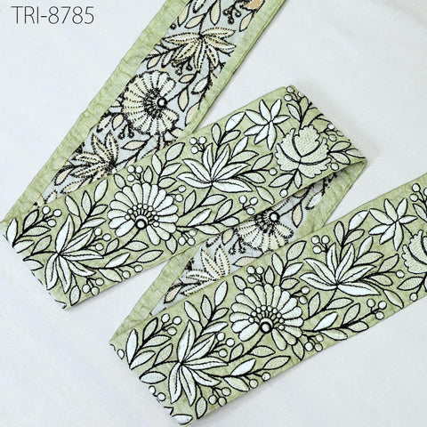 9 Yard Green 8cm Embroidery Ribbon Trim Tape Embellish Embroidered Saree Border Costumes DIY Crafting Sewing Beach Bags Totes, Wall Hanging