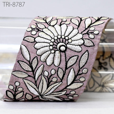 3 Yard Mauve Embroidery 75 mm Trim Floral Embellishment Embroidered Fabric Saree Costume Border Crafting Sewing Beach Bag Hats Belts Gift