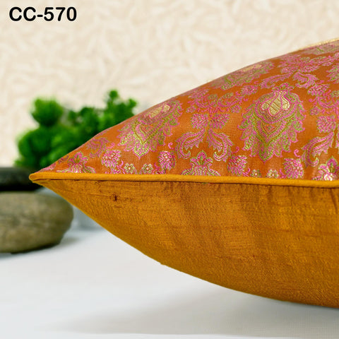 Marigold Yellow Cushion Cover Square Pure Silk Luxury Cushion Brocade Pillowcase For Sofa Bed or Throw Designer Fabric Indian Handmade