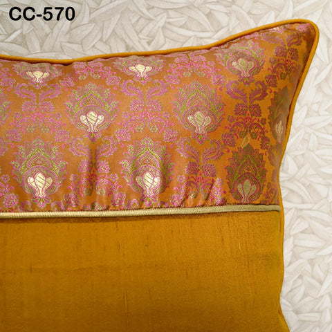 Marigold Yellow Cushion Cover Square Pure Silk Luxury Cushion Brocade Pillowcase For Sofa Bed or Throw Designer Fabric Indian Handmade