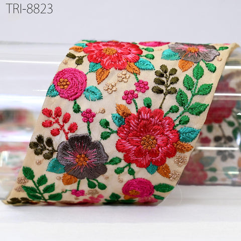 9 Yard Red Embroidered 8 CM Saree Border Embroidery Ribbon Trim Crafting Sewing Accessories for Beach Bags, Costumes Christmas Home Decor