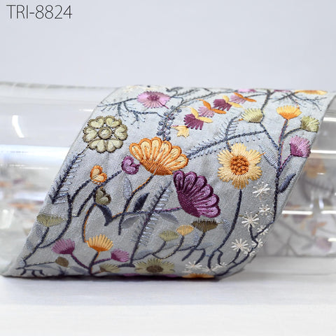 9 Yard Grey 95mm Embroidery Ribbons Embroidered Saree Border Trim Crafting Sewing Accessories for Beach Bags, Hats, Costumes Christmas Decor