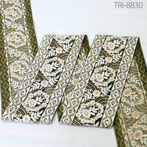 9 Yard Embroidery 10cm Olive Green Ribbons Trims Embroidered Fabric Saree Border Theatrical Costumes Crafting Sewing Holidays Decorations