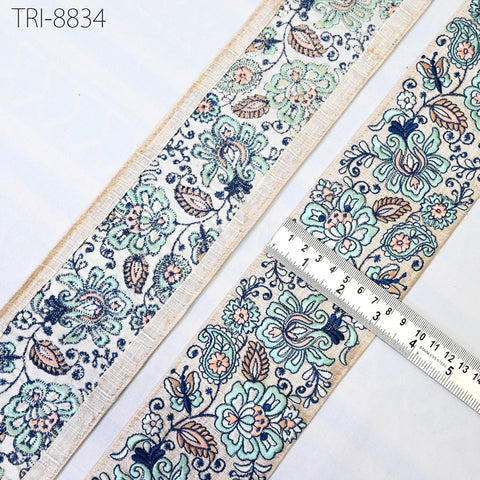 9 Yard 8cm Blue Embroidery Trims Ribbons Indian Sari Border Embroidered DIY Crafting Sewing Costumes Tablecloth Lampshade Home Decor Trim