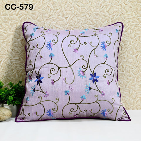 Lavender Embroidered Pure Dupioni Silk Cushion Cover, Decorative Luxury Home Decor Handmade Pillow Cover For Sofa Bed Throw, Designer Fabric