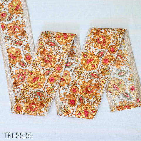 9 Yard Mustard 8cm Yellow Embroidery Ribbon Trim Indian Sari Border Embroidered Crafting Sewing Costume Tablecloth Lampshade making Trimming