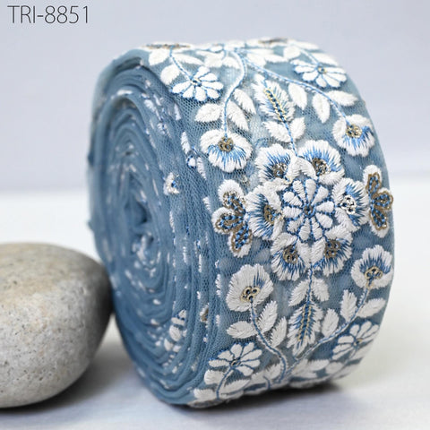 sky Blue Net base fabric, white thread embroidery