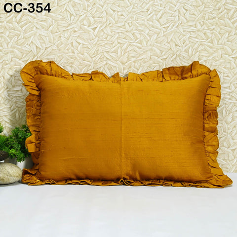 Marigold Yellow Pure Silk Cushion Cover Rectangle, Lumbar Throw Pillow, Dupioni Silk Frill Pillowcase Handmade Decorative Home Decor Gift