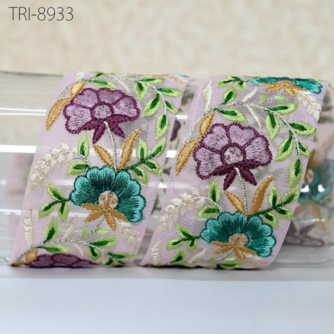 9 Yard Indian Purple Embroidered Net Fabric Trim 6cm Ribbon Embellishment Cushion DIY Sewing Sari Border Wedding Saree Tape Embroidery Dress