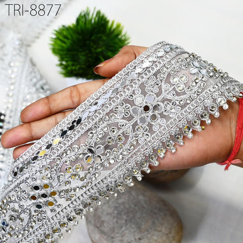 9 Yard Silver Indian Beaded Trim, 7cm Ribbon Lehenga Trimmings Christmas Dress Embellishment Saree Border Bridal Clutches Lace Rhinestone