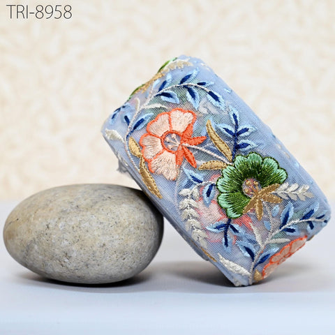 9 Yard Blue Embroidery 6cm Ribbon Bow for Hairbands, Hair Accessory, Kids Dresses Indian Trims Border Embroidered Crafting Sewing Trimming