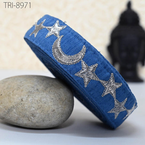9 Yard Silver Stars Embroidery Ribbon Trim 3cm Blue Embroidered Sewing DIY Crafting Border Indian Disney Princess Costumes Holiday Ornaments