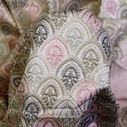 Indian Peach Embroidered Fabric by the yard Sewing DIY Crafting Embroidery Wedding Dresses Costumes Dolls Bag Cushion Covers Table Runners