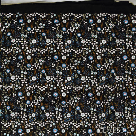 Indian Black Embroidered Fabric by the yard Sewing DIY Crafting Embroidery Wedding Dresses Costumes Dolls Bags Cushion Covers Table Runners