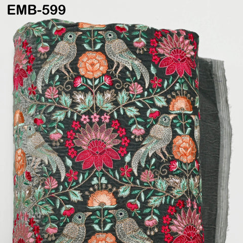 Grey Indian Embroidered Velvet Fabric by the yard Sewing DIY Crafting Wedding Dress Costumes Doll Bags Cushion Covers Table Runner Quilting