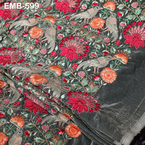 Grey Indian Embroidered Velvet Fabric by the yard Sewing DIY Crafting Wedding Dress Costumes Doll Bags Cushion Covers Table Runner Quilting