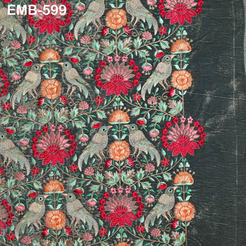 Grey Indian Embroidered Velvet Fabric by the yard Sewing DIY Crafting Wedding Dress Costumes Doll Bags Cushion Covers Table Runner Quilting