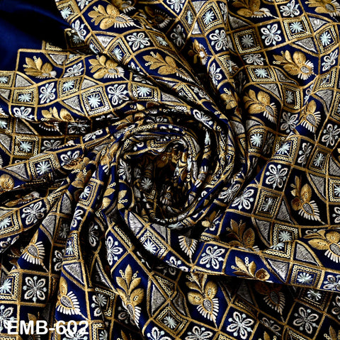 Navy Blue Wedding Dress Material Embroidered Fabric by the yard Sewing Crafting Indian Embroidery Victorian Costumes Dolls Table Runner