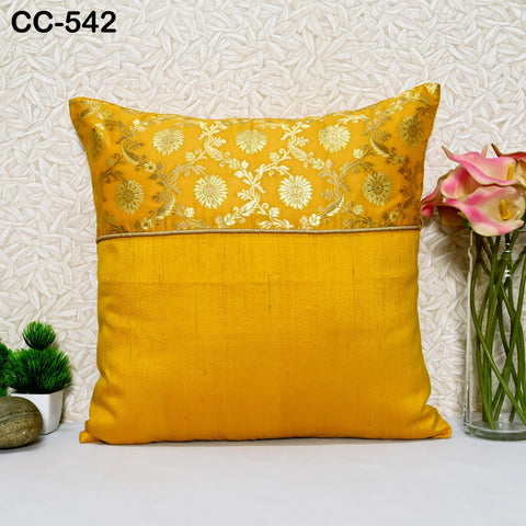 Gold Cushion Cover, Pure Silk Luxury Cushion Pillowcase, Pillow Cover Brocade, Gold - Yellow For Sofa Bed or Throw. Designer Fabric Handmade