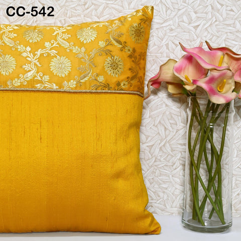 Gold Cushion Cover, Pure Silk Luxury Cushion Pillowcase, Pillow Cover Brocade, Gold - Yellow For Sofa Bed or Throw. Designer Fabric Handmade