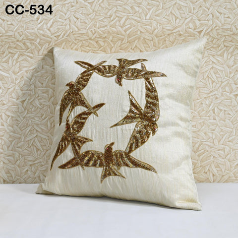 Flying birds appliques, Hand embroidered Cushion cover 16x16 cm, dupioni cushion cover with piping and concealed zipper