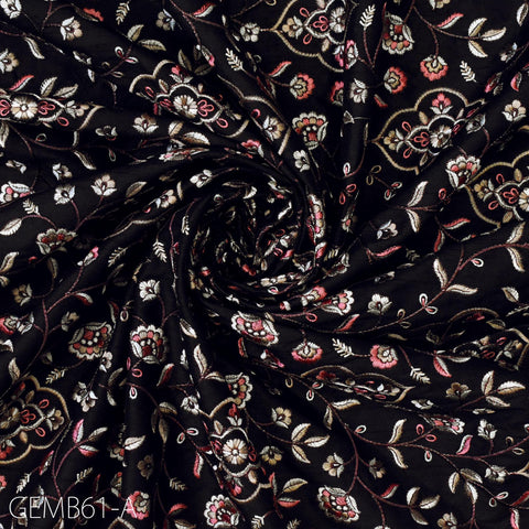 Floral Black Indian Embroidered Fabric by the yard Sewing DIY Crafting Embroidery Wedding Dress Costumes Men's Waistcoat Bags Cushion Cover