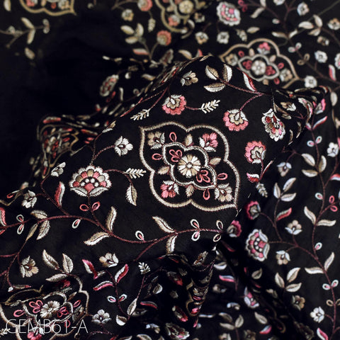 Floral Black Indian Embroidered Fabric by the yard Sewing DIY Crafting Embroidery Wedding Dress Costumes Men's Waistcoat Bags Cushion Cover