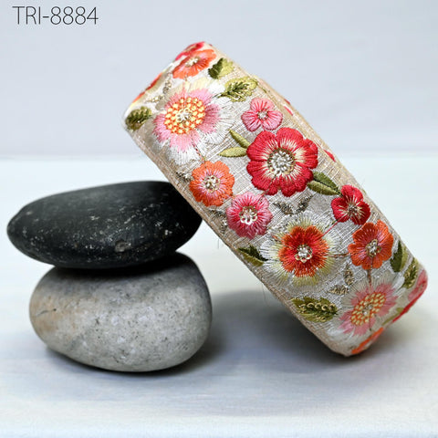 9 Yard Red Embroidery 5cm Ribbon Indian Sari Border Embroidered Crafting Sewing Costumes, Dog Collar, Tote Bags, Lampshades, Holidays Decor